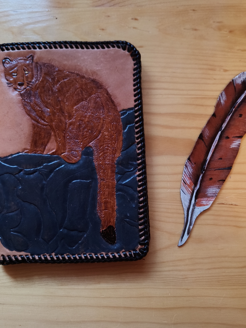 Hand-Tooled Leather Cover W Mountain Lion Design - Brn & Blk, Leather Feather